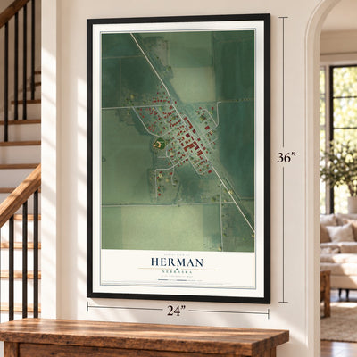 Herman, Nebraska map, 24 x 36 inch print in a black frame by a staircase