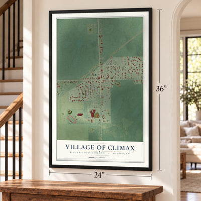 Climax, Michigan map, 24 x 36 inch print in a black frame by a staircase