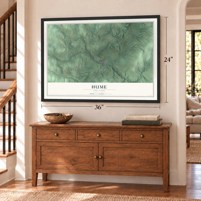 Hume, New York map, 24 x 36 inch print in a black frame above a dresser by a staircase