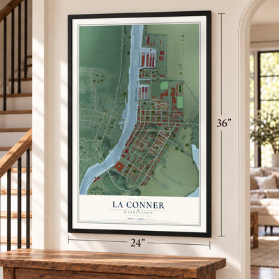 La Conner, Washington map, 24 x 36 inch print in a black frame by a staircase