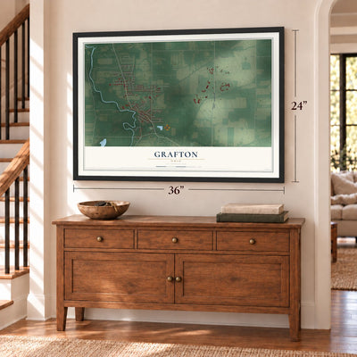 Grafton, Ohio map, 24 x 36 inch print in a black frame above a dresser by a staircase