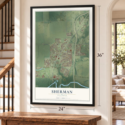 Sherman, Illinois map, 24 x 36 inch print in a black frame by a staircase