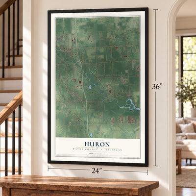 Huron, Wayne County, Michigan map, 24 x 36 inch print in a black frame by a staircase