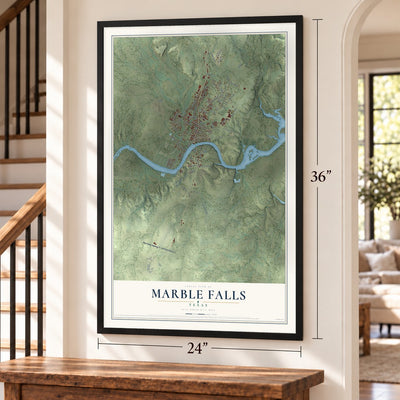 Marble Falls, Texas map, 24 x 36 inch print in a black frame by a staircase