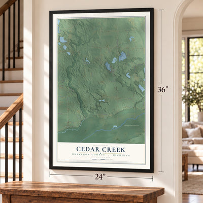Cedar Creek, Muskegon County, Michigan map, 24 x 36 inch print in a black frame by a staircase