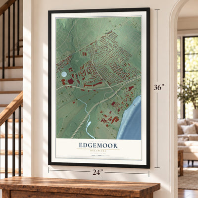 Edgemoor, Delaware map, 24 x 36 inch print in a black frame by a staircase