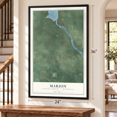 Marion, Juneau County, Wisconsin map, 24 x 36 inch print in a black frame by a staircase