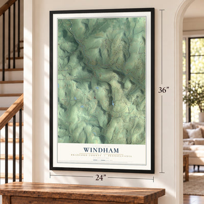 Windham, Bradford County, Pennsylvania map, 24 x 36 inch print in a black frame by a staircase