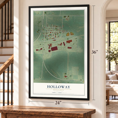 Holloway, Minnesota map, 24 x 36 inch print in a black frame by a staircase