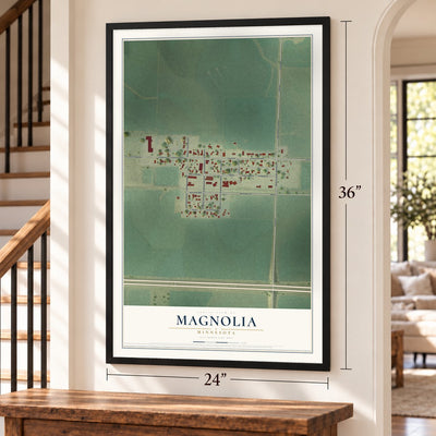 Magnolia, Minnesota map, 24 x 36 inch print in a black frame by a staircase