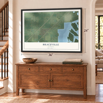 Braceville, Illinois map, 24 x 36 inch print in a black frame above a dresser by a staircase