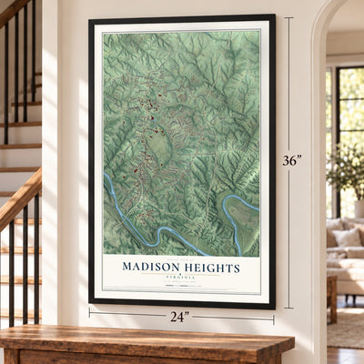 Madison Heights, Virginia map, 24 x 36 inch print in a black frame by a staircase