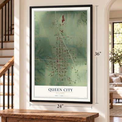 Queen City, Missouri map, 24 x 36 inch print in a black frame by a staircase
