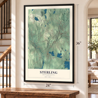 Sterling, Massachusetts map, 24 x 36 inch print in a black frame by a staircase
