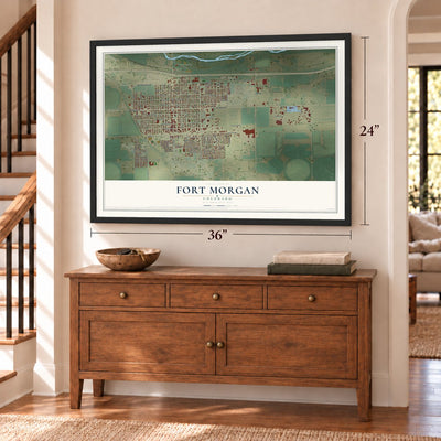 Fort Morgan, Colorado map, 24 x 36 inch print in a black frame above a dresser by a staircase
