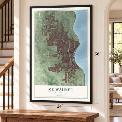 Milwaukee, Wisconsin map, 24 x 36 inch print in a black frame by a staircase