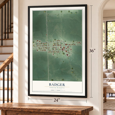 Badger, South Dakota map, 24 x 36 inch print in a black frame by a staircase