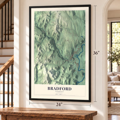 Bradford, Vermont map, 24 x 36 inch print in a black frame by a staircase