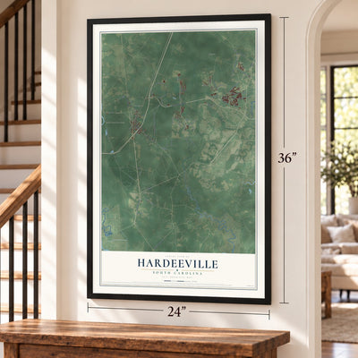 Hardeeville, South Carolina map, 24 x 36 inch print in a black frame by a staircase