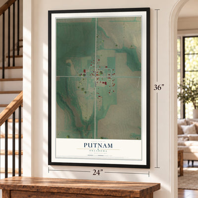Putnam, Oklahoma map, 24 x 36 inch print in a black frame by a staircase