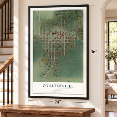 Coulterville, Illinois map, 24 x 36 inch print in a black frame by a staircase