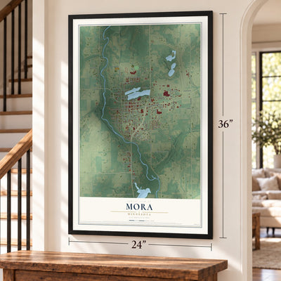 Mora, Minnesota map, 24 x 36 inch print in a black frame by a staircase