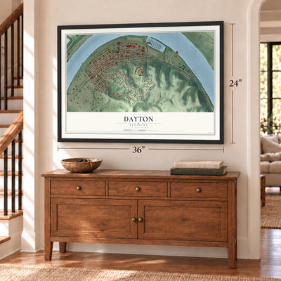 Dayton, Kentucky map, 24 x 36 inch print in a black frame above a dresser by a staircase