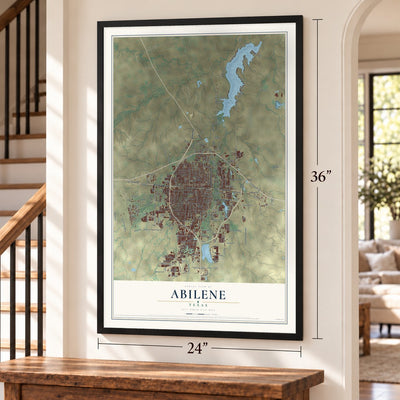 Abilene, Texas map, 24 x 36 inch print in a black frame by a staircase