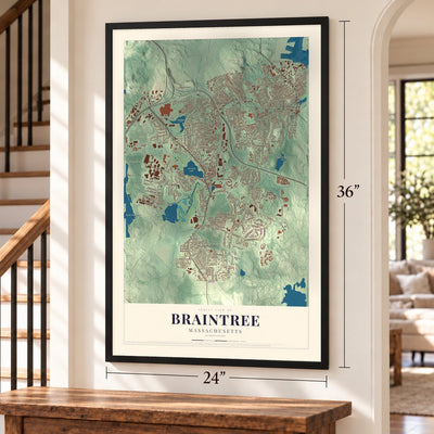 Braintree, Massachusetts map, 24 x 36 inch print in a black frame by a staircase