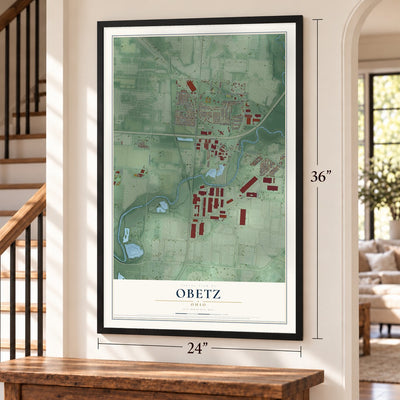 Obetz, Ohio map, 24 x 36 inch print in a black frame by a staircase