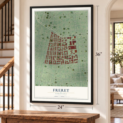 Freret, Louisiana map, 24 x 36 inch print in a black frame by a staircase