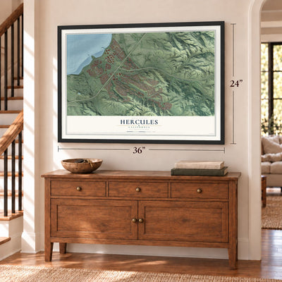 Hercules, California map, 24 x 36 inch print in a black frame above a dresser by a staircase
