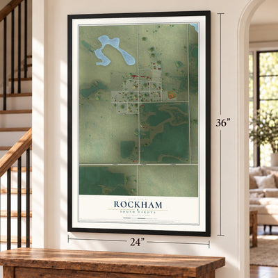 Rockham, South Dakota map, 24 x 36 inch print in a black frame by a staircase