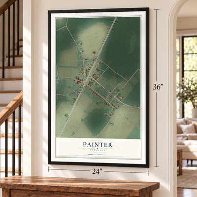 Painter, Virginia map, 24 x 36 inch print in a black frame by a staircase