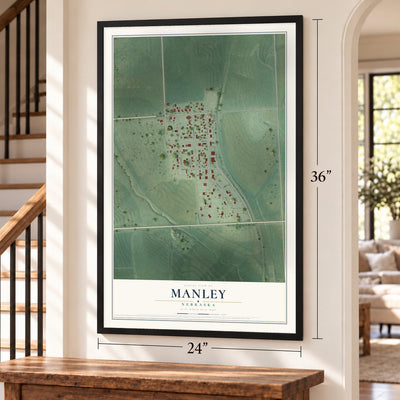 Manley, Nebraska map, 24 x 36 inch print in a black frame by a staircase