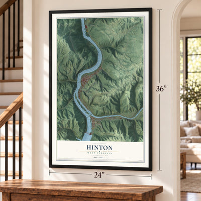 Hinton, West Virginia map, 24 x 36 inch print in a black frame by a staircase