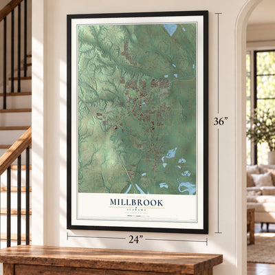 Millbrook, Alabama map, 24 x 36 inch print in a black frame by a staircase