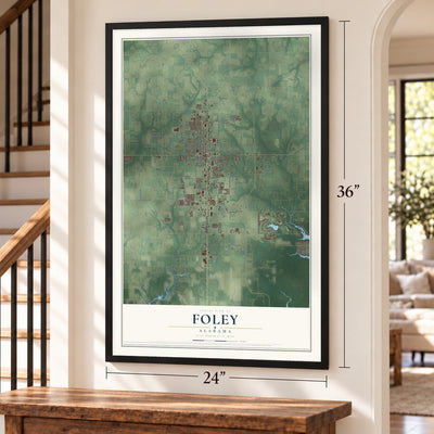 Foley, Alabama map, 24 x 36 inch print in a black frame by a staircase