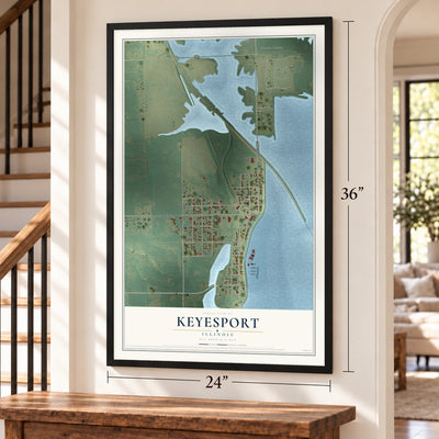 Keyesport, Illinois map, 24 x 36 inch print in a black frame by a staircase