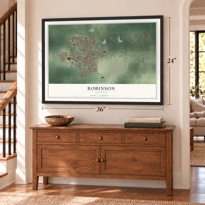 Robinson, Illinois map, 24 x 36 inch print in a black frame above a dresser by a staircase