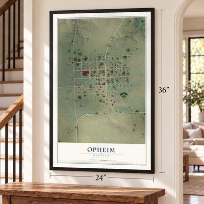 Opheim, Montana map, 24 x 36 inch print in a black frame by a staircase