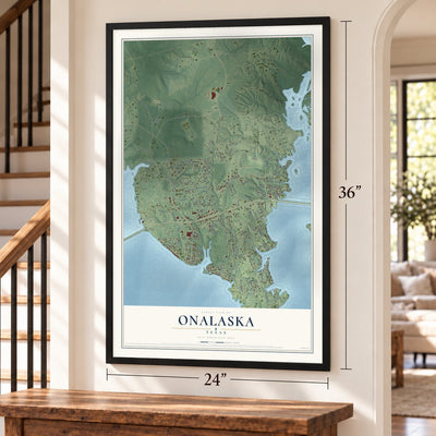 Onalaska, Texas map, 24 x 36 inch print in a black frame by a staircase