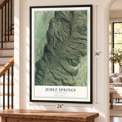 Jemez Springs, New Mexico map, 24 x 36 inch print in a black frame by a staircase