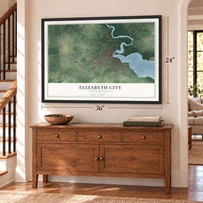 Elizabeth City, North Carolina map, 24 x 36 inch print in a black frame above a dresser by a staircase
