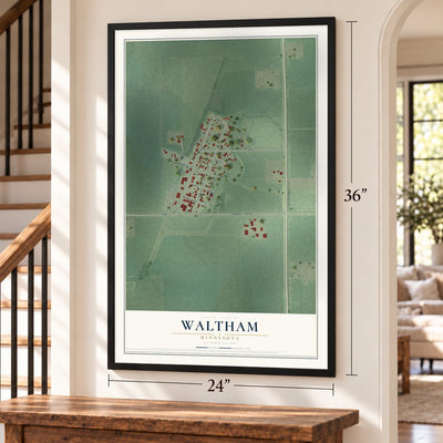 Waltham, Minnesota map, 24 x 36 inch print in a black frame by a staircase