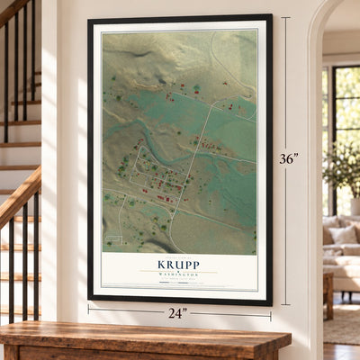 Krupp, Washington map, 24 x 36 inch print in a black frame by a staircase