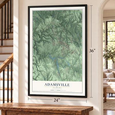 Adamsville, Alabama map, 24 x 36 inch print in a black frame by a staircase