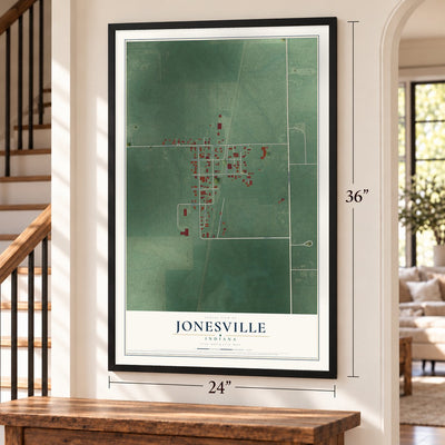 Jonesville, Indiana map, 24 x 36 inch print in a black frame by a staircase