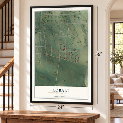 Cobalt, Missouri map, 24 x 36 inch print in a black frame by a staircase