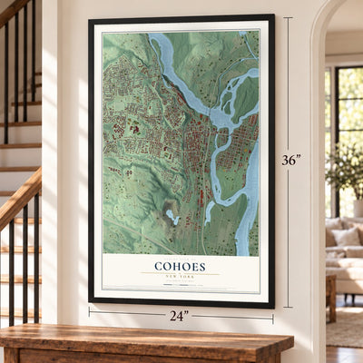 Cohoes, New York map, 24 x 36 inch print in a black frame by a staircase